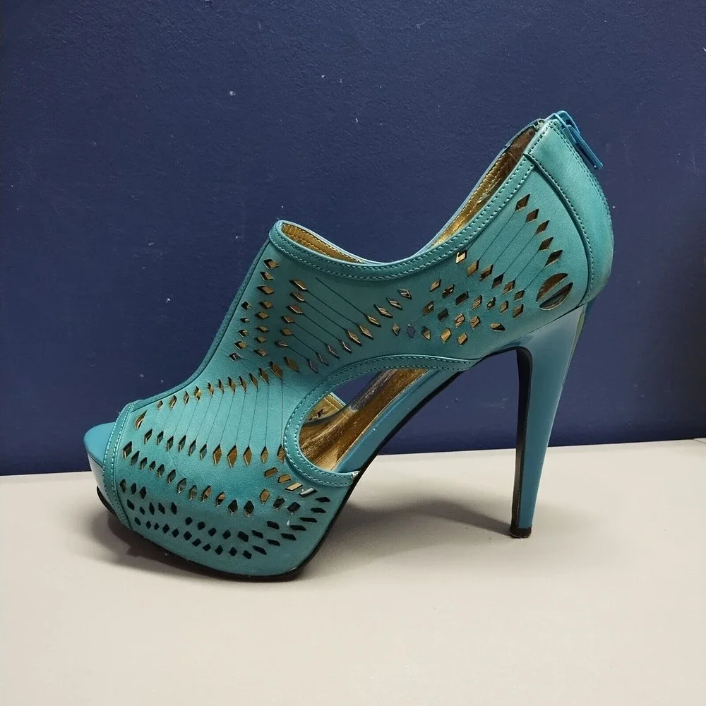Carlos Santana Joplin Platform Heels Womens 8 Turquoise Leather Cut Out Open Toe